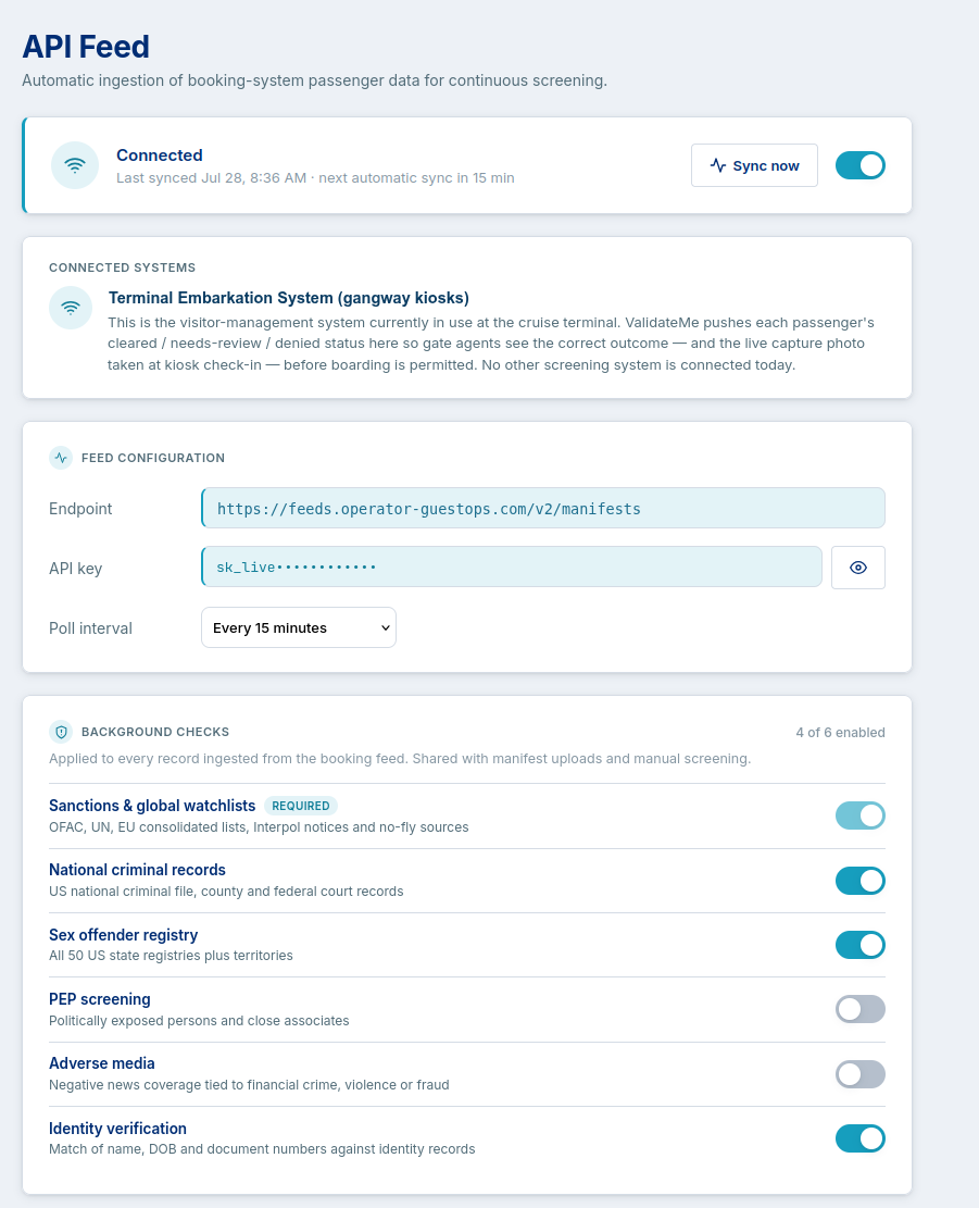 Visit+ API feed configuration — connected booking system, endpoint, API key and poll interval, with the same background check set applied to every ingested record