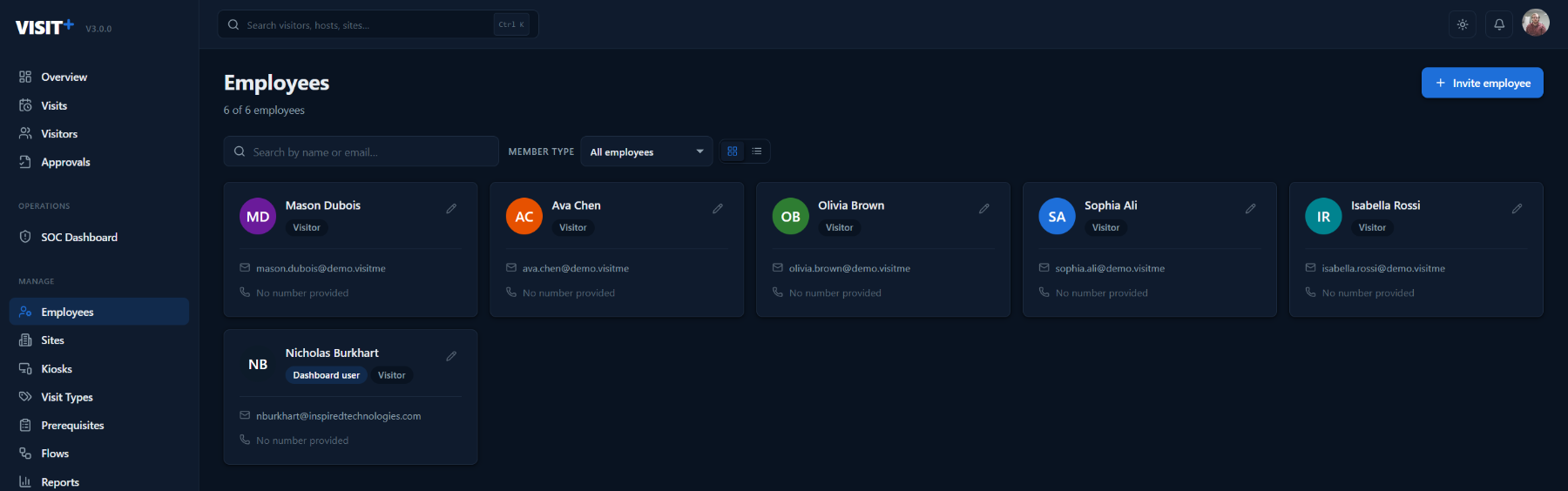 Visit+ employees list — hosts available to receive visitors, synced per company
