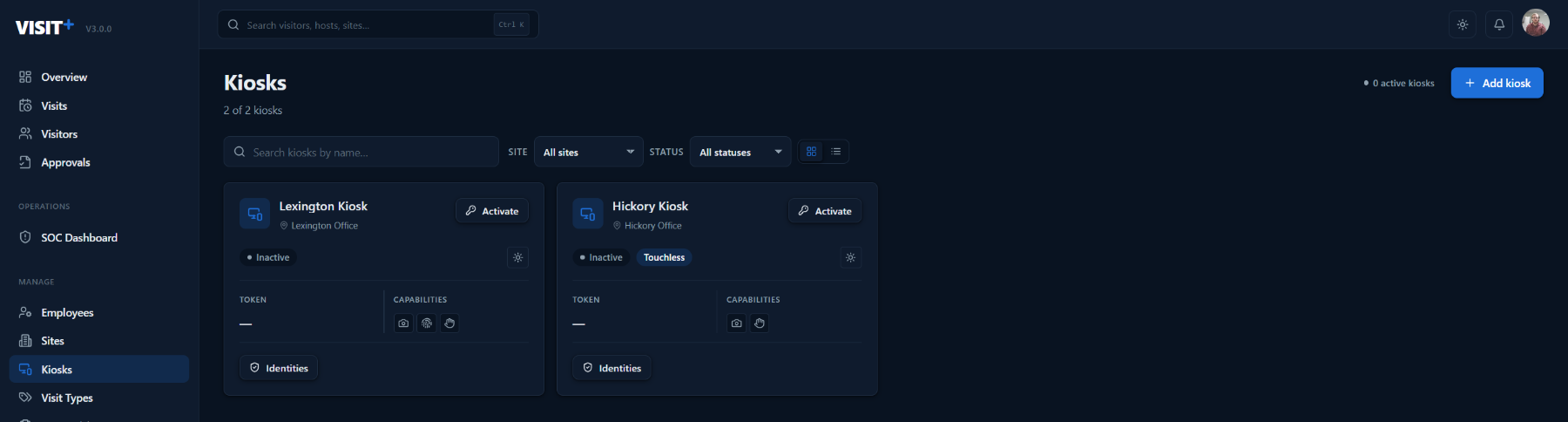 Visit+ kiosks list — registered kiosks with their site, mode and status