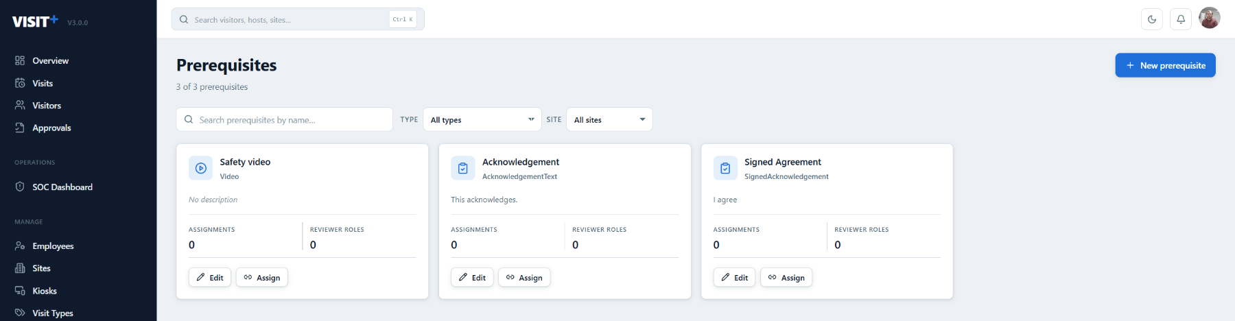Visit+ prerequisites — safety video, acknowledgement and signed agreement, each assignable with reviewer roles