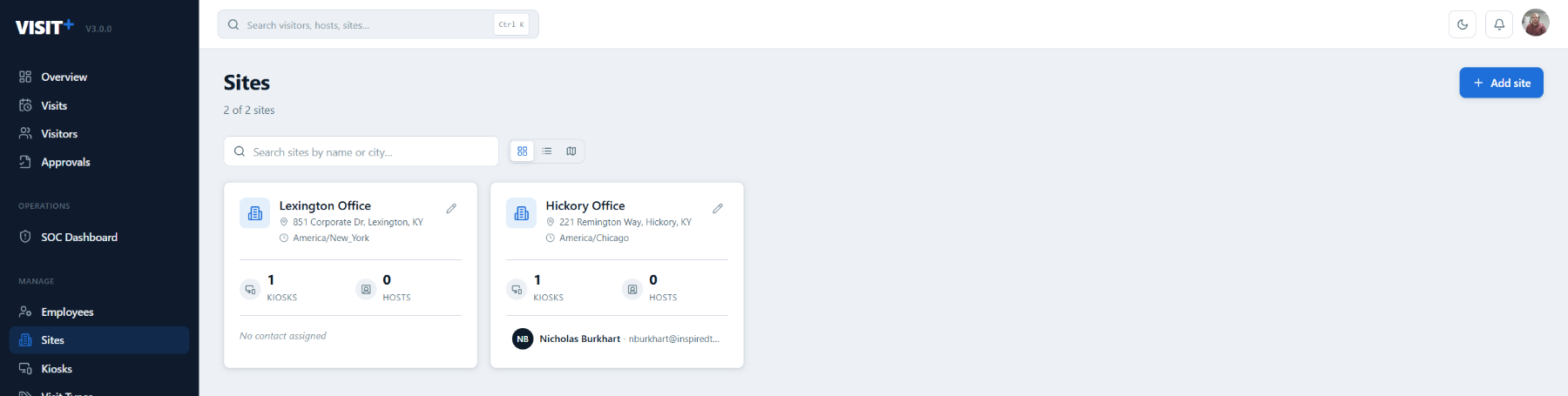 Visit+ sites list — each site with its own address, kiosks and configuration under one company