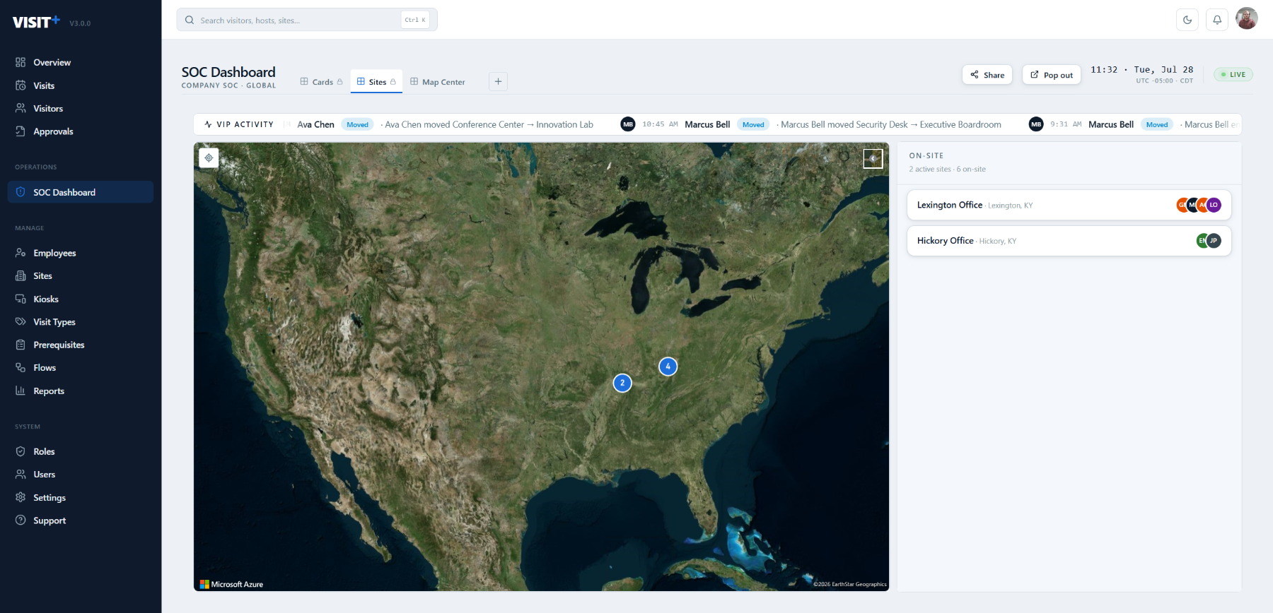 Visit+ SOC Dashboard — a live map of active sites with on-site counts, a VIP movement ticker and a per-site occupancy panel