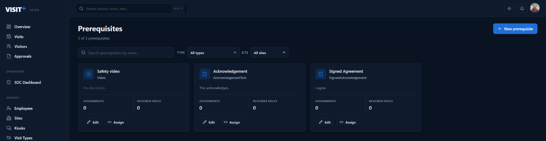 Visit+ prerequisites — safety video, acknowledgement and signed agreement, each with assignments and reviewer roles