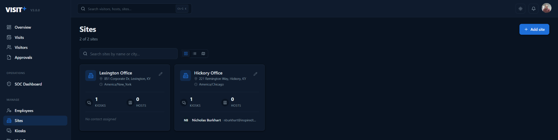 Visit+ sites list — each site with its own address, kiosks and configuration
